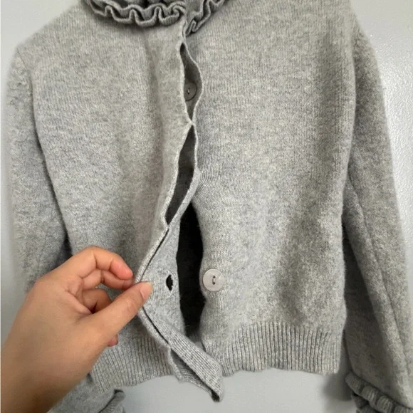 Pink Pineapple 100% Cashmere Ruffle Trim Cardigan Sweater Grey Size M - Picture 4 of 7